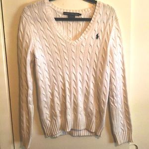 Polo V-Neck Creme Cable Knit Sweater
